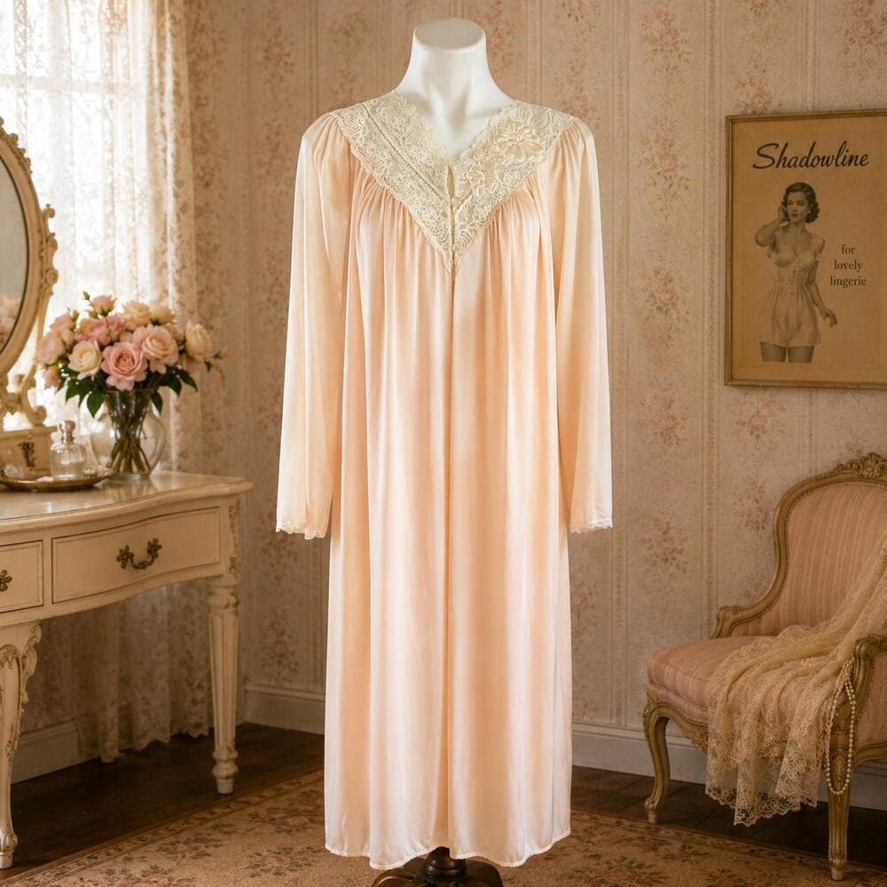 Vintage Shadowline Peach Peignoir Set NOS Robe Nightgown SZ S